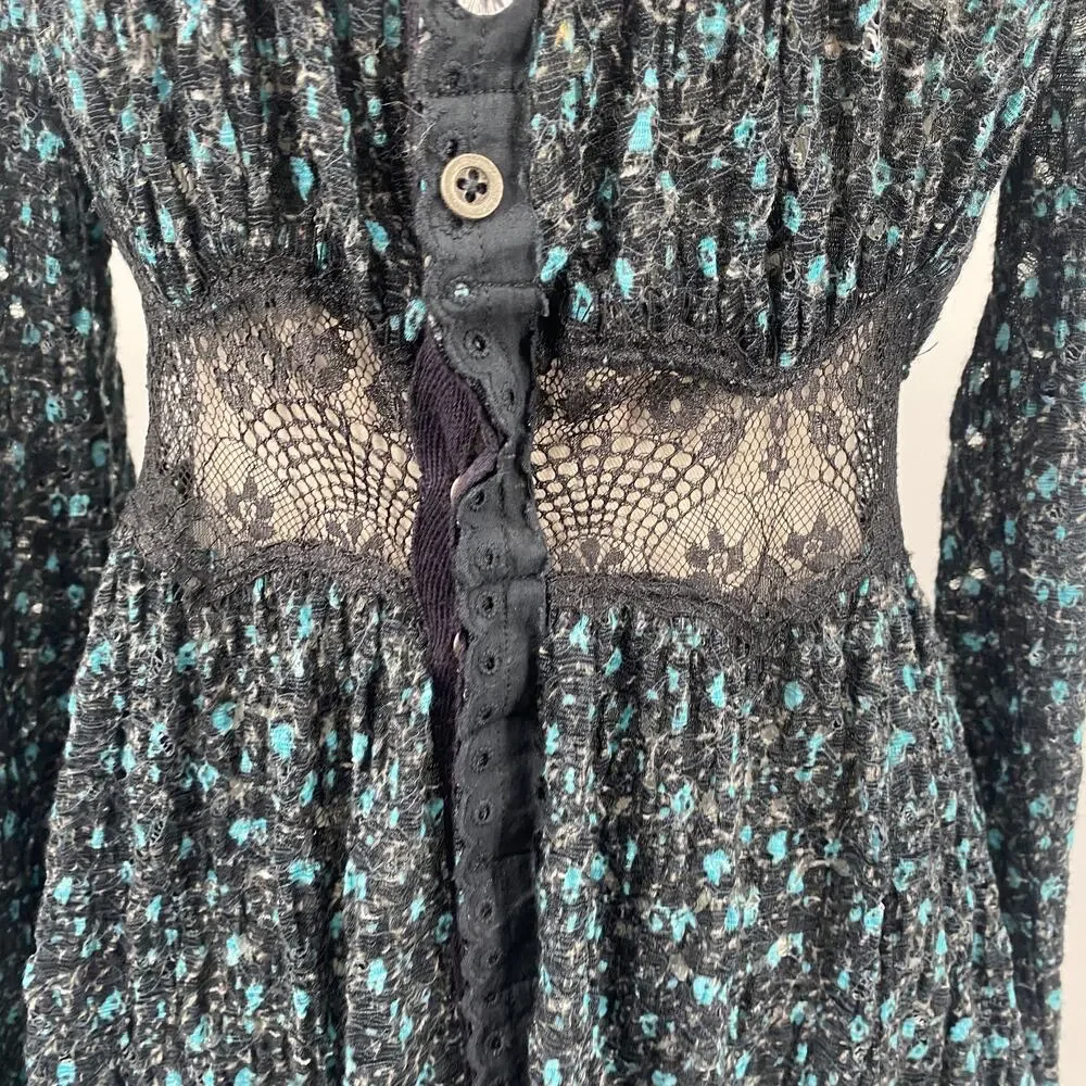 Free People Babydoll Lace Tunic Top Henley Cotton Printed Mixed Button Front S